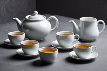 there are five cups of tea and a teapot on a table