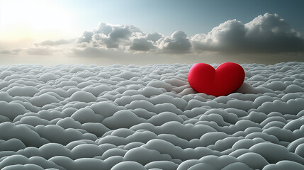 Fototapeta premium Floating heart amidst cloudy skies nature scene digital art dreamy environment aerial view love concept