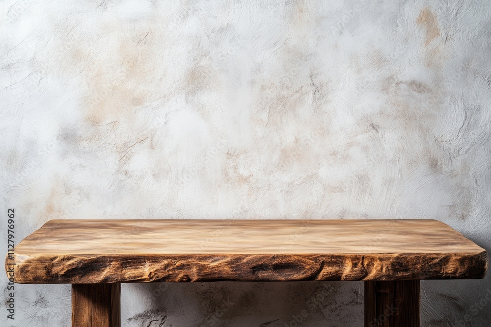 Poster Wooden table against a textured wall background.