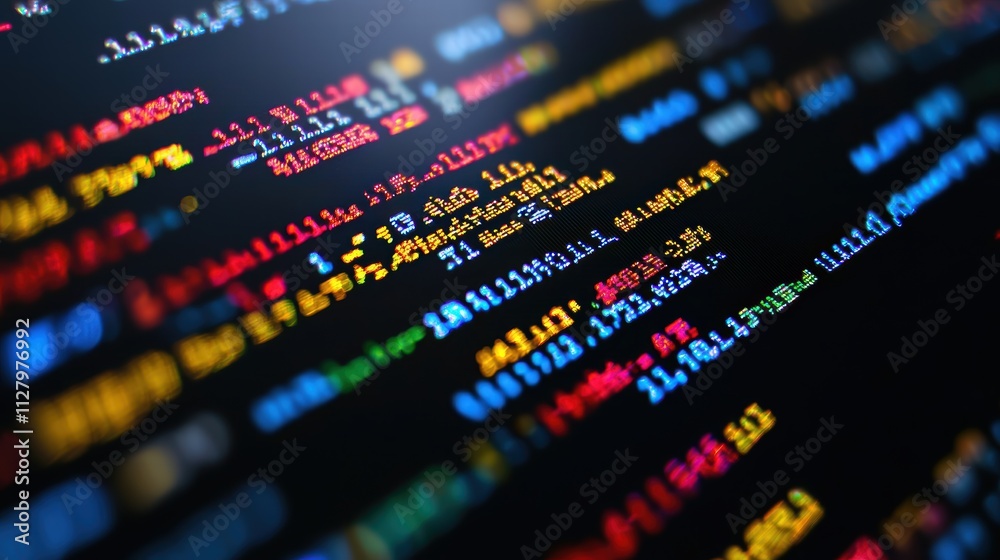 Poster colorful code strings on black background for tech and data design