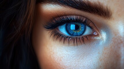 Obraz premium Close-up of a woman's bright blue eye with long eyelashes and defined eyebrows.