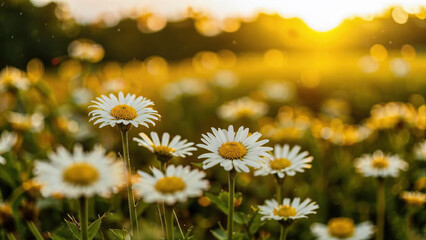 A Vibrant Meadow of Daisies Illuminated by the Setting Sun’s Glow