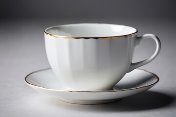 there is a white cup and saucer with a gold rim