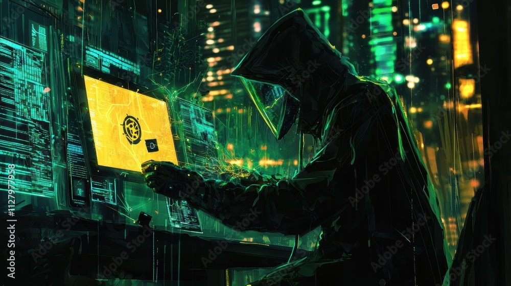 Poster mysterious hacker working on computer in neon cyberpunk setting