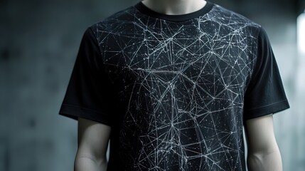 Close-up of a man wearing a black t-shirt with an abstract geometric design.