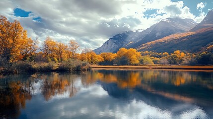 Autumn landscape with lake and mountains reflection
