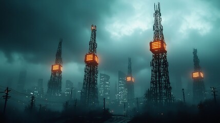 Obraz premium Futuristic cityscape with a stunning smart city skyline featuring tall telecommunication towers glowing as part of an interconnected digital network