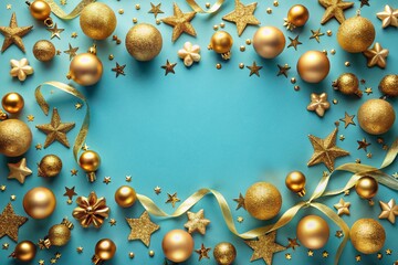 Fototapeta premium Christmas frame border with golden balls, stars, ribbon on blue background, flat lay