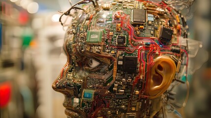 Close-up of a robotic head made of circuit boards and other electronic components.