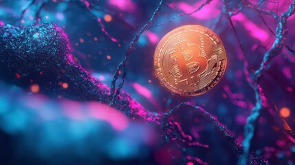 A golden Bitcoin coin floating in a digital environment with abstract tech elements around it.