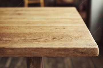 Fototapeta premium Close-up of a wooden table edge in a cozy setting.