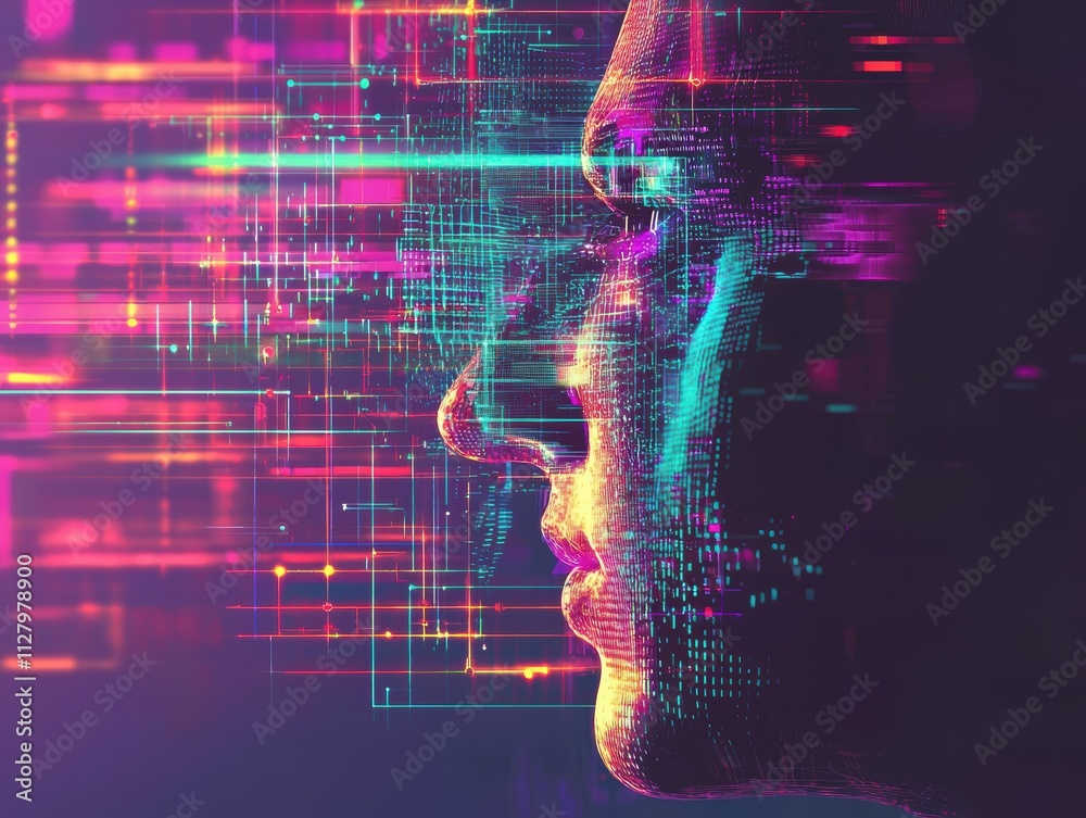 Poster digital portrait with colorful data patterns and abstract technology