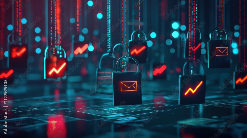 Poster digital security concepts with lock icons and data visualization