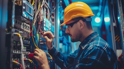Electrician working on a complex electrical panel in a server room.