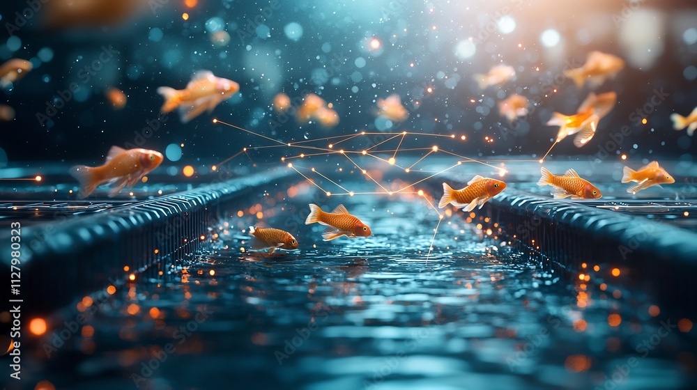 Poster futuristic aquaculture pond with advanced automated feeding systems and a smart monitoring network v