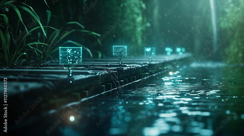 Poster photograph of an advanced fish farming system featuring floating sensors connected to a real time ag