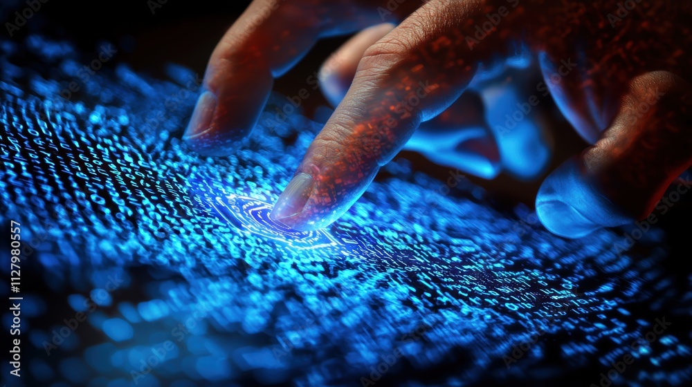 Poster finger touching blue digital interface with binary code background