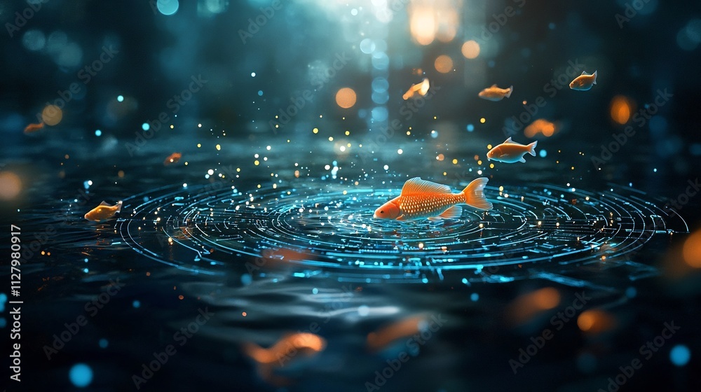Poster photograph showcasing a large fish pond surrounded by an array of smart water sensors seamlessly int