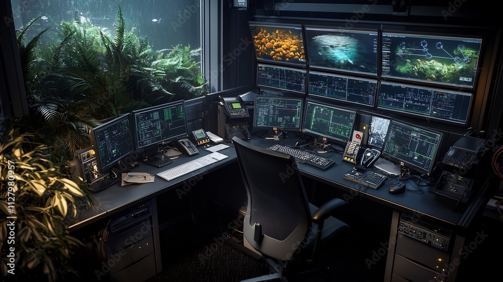 Poster futuristic control room monitoring multiple fish ponds with advanced holographic displays showing re