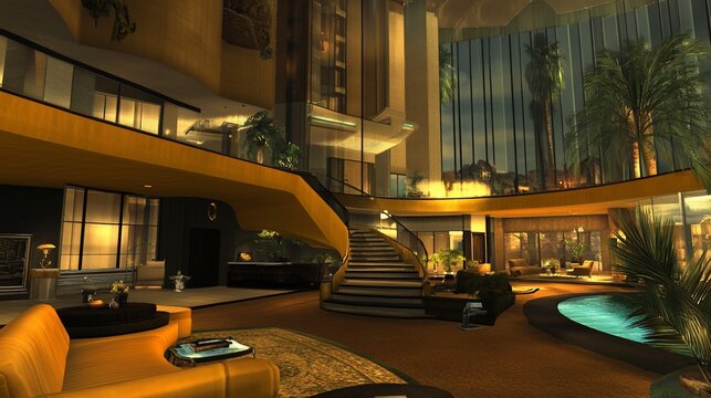 Luxurious modern hotel lobby with curved staircase, indoor pool, and nighttime city view.