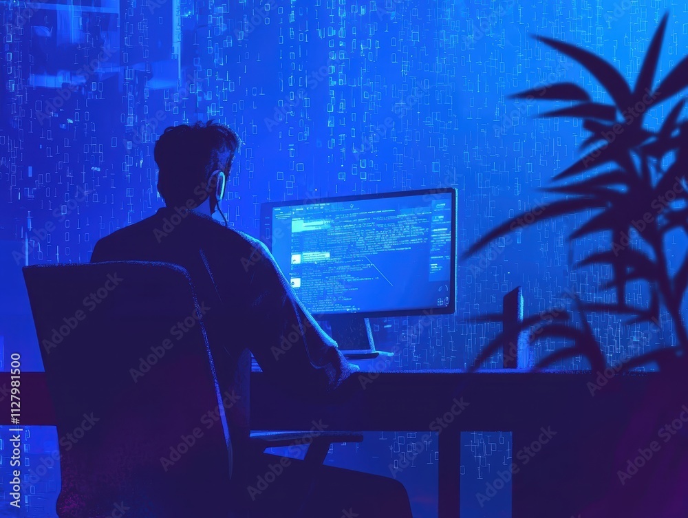 Poster mysterious programmer working in dark room with code in background