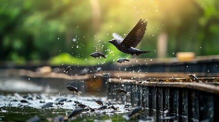 Aerial photograph of a drone hovering over a series of fish ponds capturing data and transmitting it to a central network for analysis and monitoring