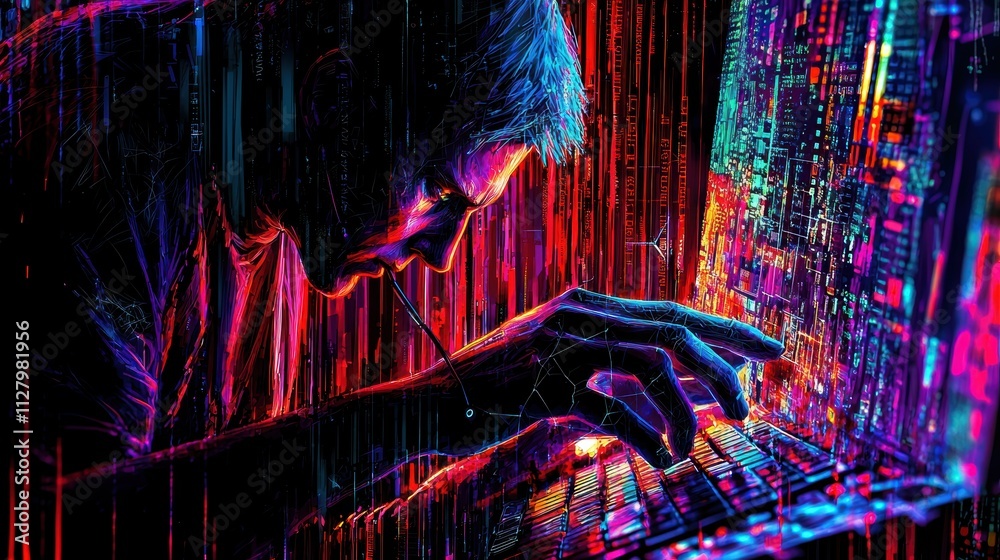 Poster vibrant digital art of a coder working intently at a laptop
