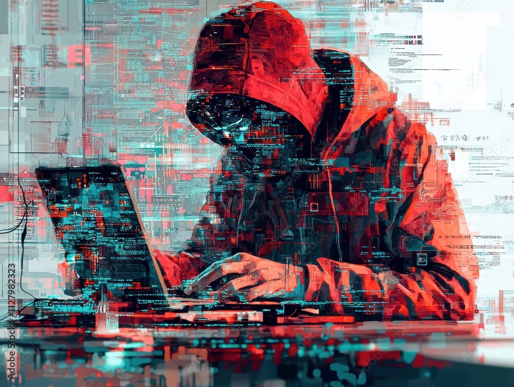 Poster hacker in a hoodie working on a laptop surrounded by code patterns