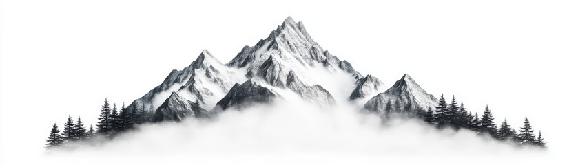 Obraz premium Majestic mountain peak surrounded by fog and evergreen trees, creating serene atmosphere