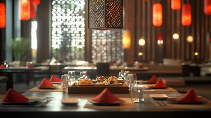 Elegant Asian restaurant interior with table set for dinner.