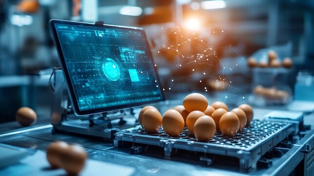 Photograph showcasing a large scale poultry farm equipped with advanced robotic egg collectors and a comprehensive real time monitoring network
