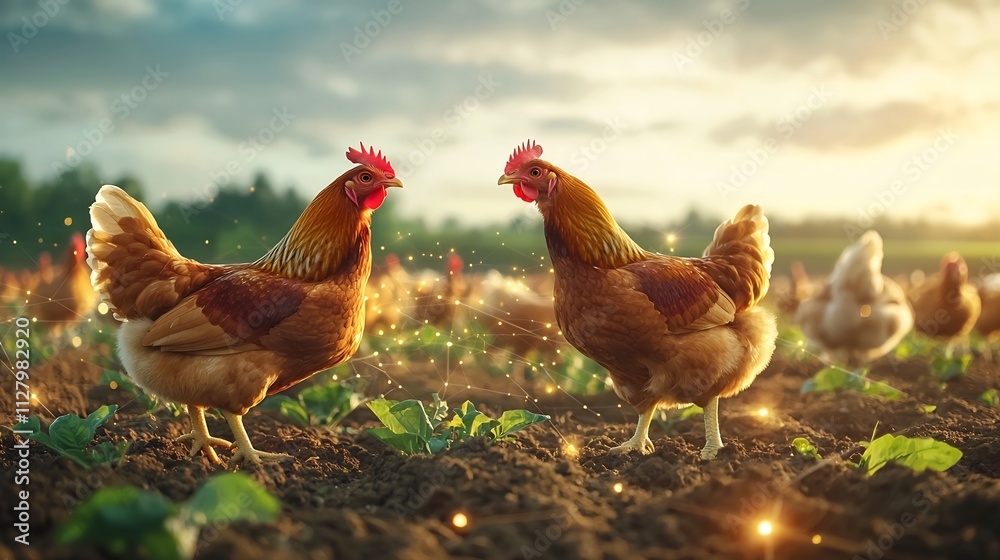 Poster photograph of free range chickens in a field monitored by drones and iot enabled systems connected t
