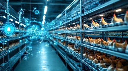 Futuristic Indoor Chicken Coop with Advanced Climate Control and Automated Systems Visualized with Digital Network Overlays and Copy Space on the Left