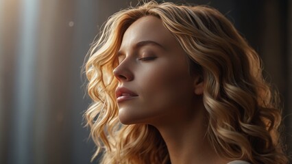 Naklejka premium beautiful woman with light wavy hair below shoulders looking up with closed eyes profile view from the side