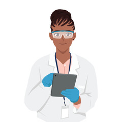 Woman scientist looking at the tablet pc gadget. Flat vector Character Illustration