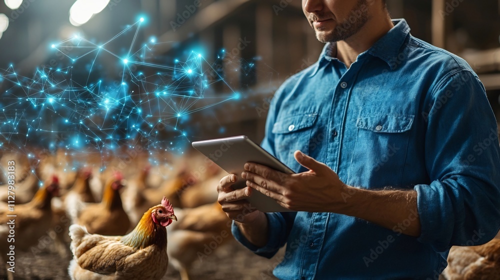 Poster technician using a tablet to monitor a smart chicken farm with holographic displays showing network 