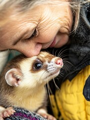 Close Bond Between Woman and Ferret Highlighting Animal Affection