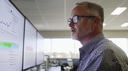 Business professional analyzing financial data on multiple screens in modern office, optimizing strategies for enhanced market performance insights.