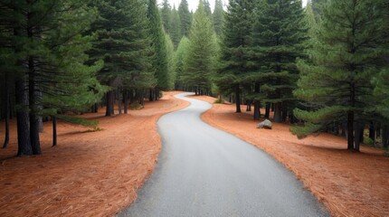 Fototapeta premium Winding evergreen path through lush forest landscape nature scene tranquil environment serene viewpoint for relaxation