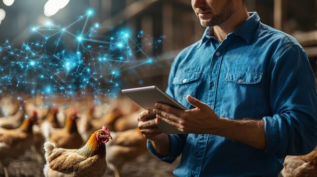 Technician using a tablet to monitor a smart chicken farm with holographic displays showing network connectivity and data analytics leaving copy space at the top left for text overlay