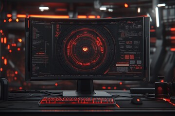 Obraz premium Futuristic Gaming Setup: Red Neon Cyber Workspace