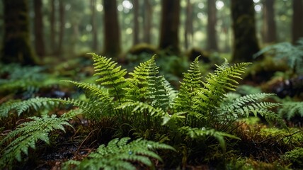 Evergreen ferns flourishing in a mystical forest nature photography serene environment close-up viewpoint
