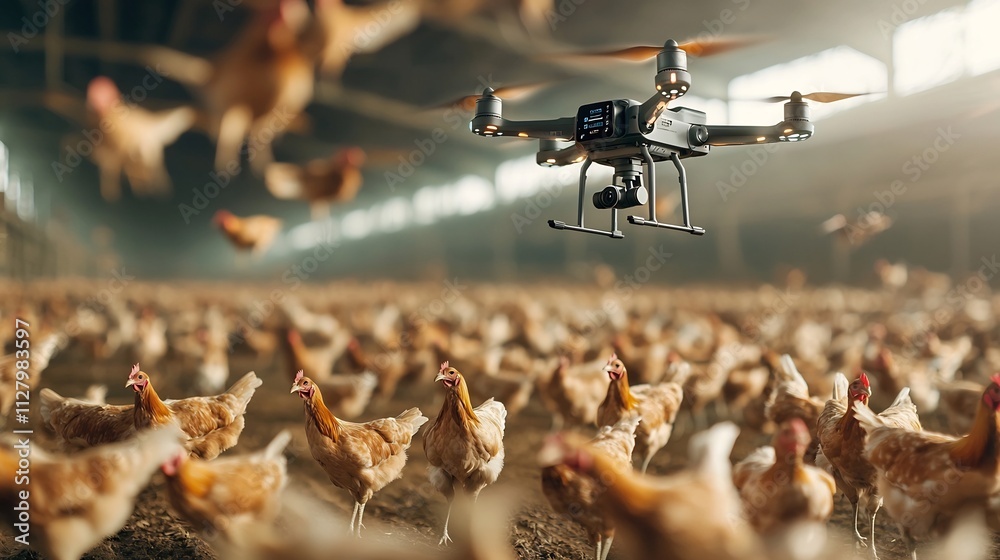 Poster drone soaring over poultry farm capturing and transmitting data to central network system for smart 