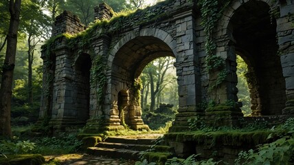 Naklejka premium Evergreen ruins enchanted archways amidst lush forest nature photography mysterious atmosphere