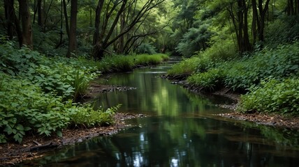 Evergreen stream in lush forest nature photography tranquil environment serene viewpoint for nature lovers