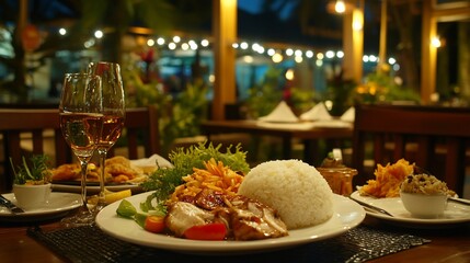 Romantic dinner, grilled chicken, rice, wine, outdoor restaurant.
