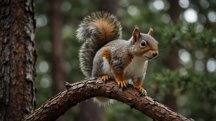 Obraz premium Curious squirrel in evergreen forest nature photography woodland environment close-up viewpoint