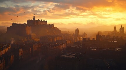 Naklejka premium Sunset over Edinburgh Castle and city.