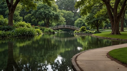 Obraz premium Evergreen serenity peaceful park scene with bridge and reflective water nature's lush environment tranquil viewpoint