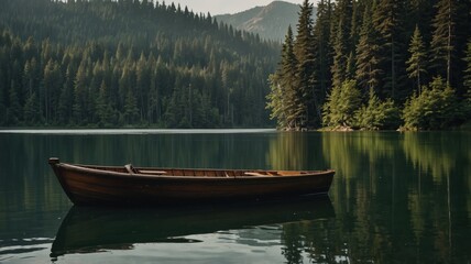 Obraz premium Serene canoeing adventure evergreen lake nature photography tranquil forest environment aesthetic viewpoint